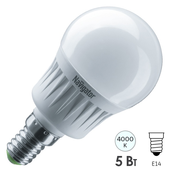 Лампа светодиодная шарик Navigator 94 478 NLL-P-G45-5-230-4K-E14 5W 4000K 220V холодный свет