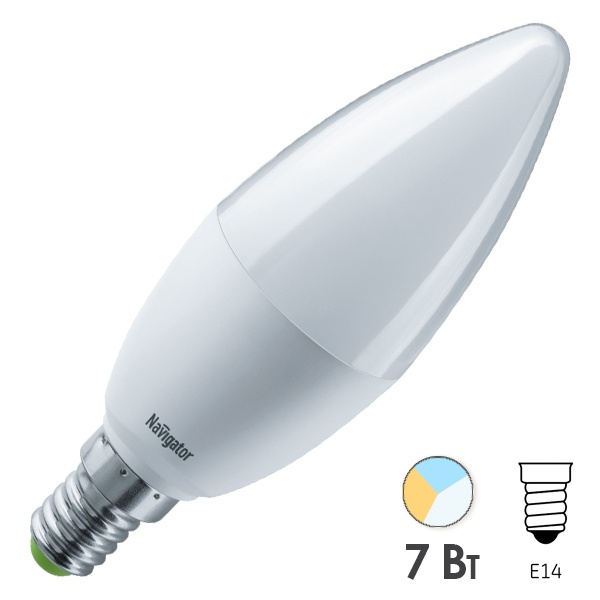 Лампа светодиодная свеча Navigator 61 624 NLL-C37-7-230-3COLOR-E14 7W 2700-6500K 220V
