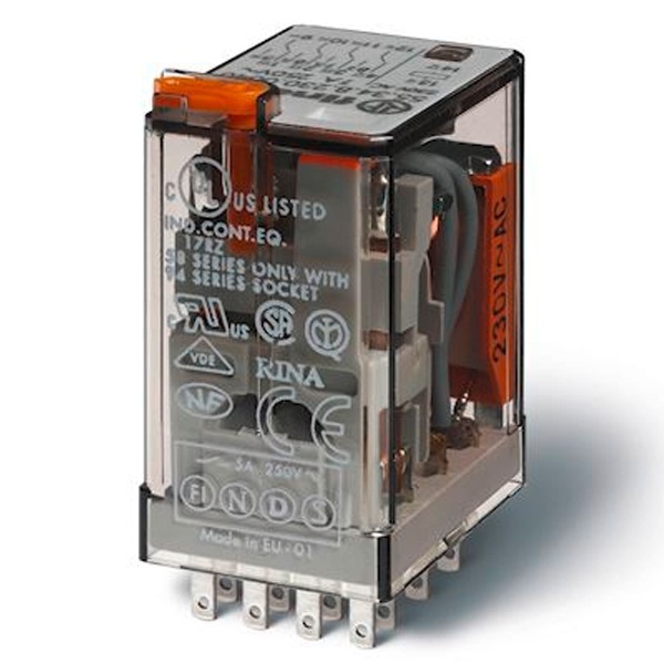 Миниатюрное реле Finder 4СО 7A AgNi 240В AC кнопка тест с блокировкой индикатор