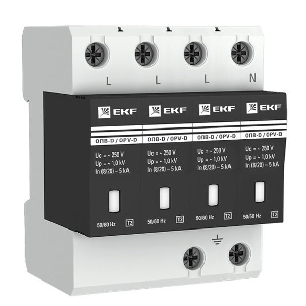 Ограничитель импульсных напряжений EKF ОПВ-D/4P In 5кА 230В с индикатором