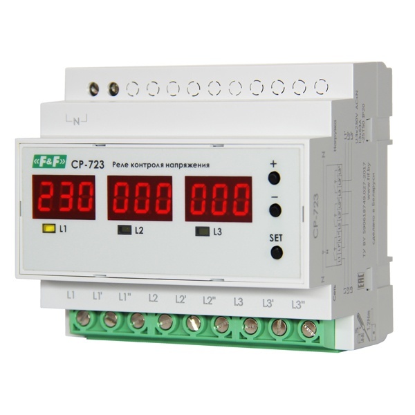 Реле контроля напряжения, асимметрии/чередования фаз Евроавтоматика СР-723, 3х63А, 3NO УХЛ-2