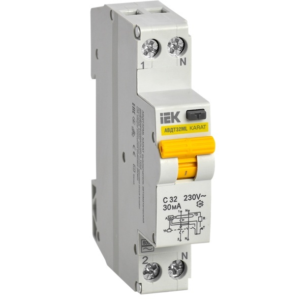 Дифференциальный автомат ИЭК KARAT АВДТ32МL 2П С32А 30мА тип АС однофазный электронный 6кА 1 модуль (дифавтомат, АВДТ)