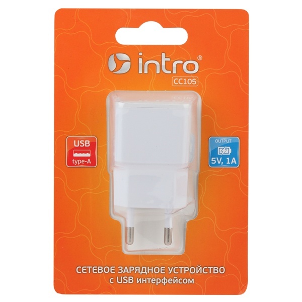 USB зарядки для мобильных устройств Intro СС105 сетевая АС 220В 1USB Тип-А 1A