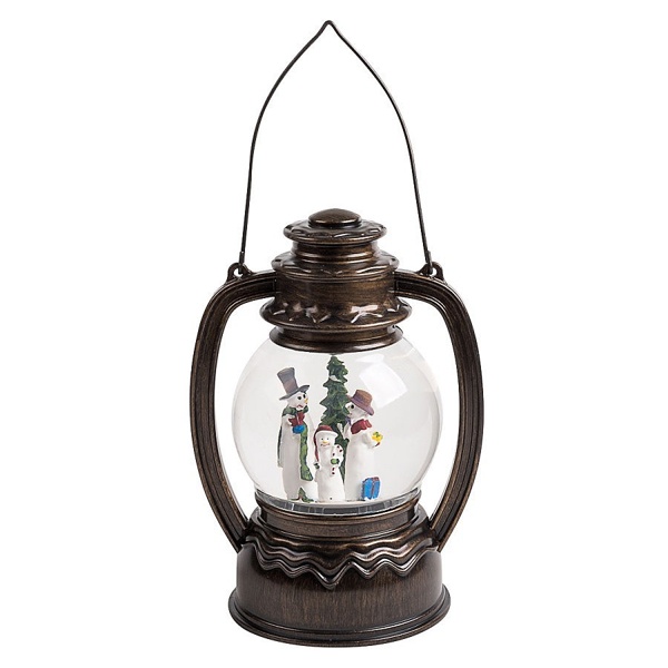 Декоративный фонарь с эффектом снегопада и подсветкой Снеговики, белый
