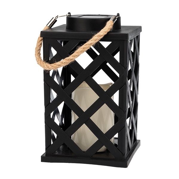 Декоративный фонарь на солнечной батарее 14х14х24 см, черный плетеный корпус, теплый белый цвет свеч