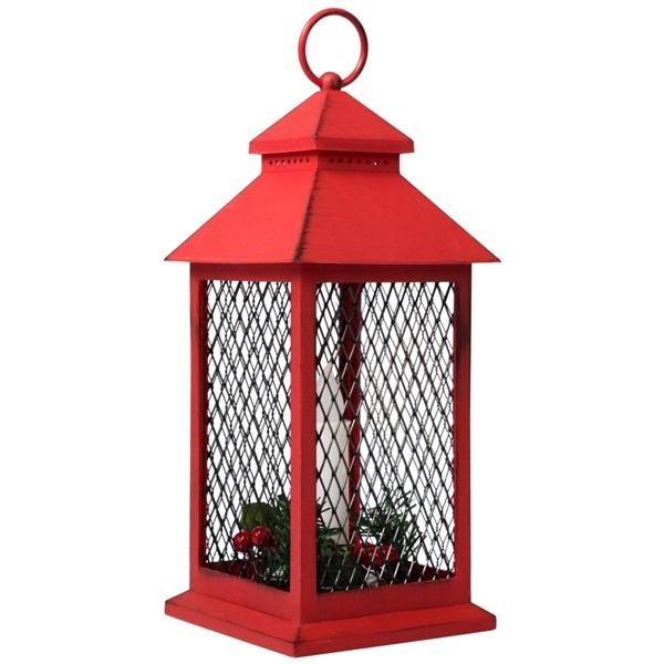 Декоративный фонарь со свечкой, красный корпус, размер 13.5х13.5х30,5 см, цвет теплый белый