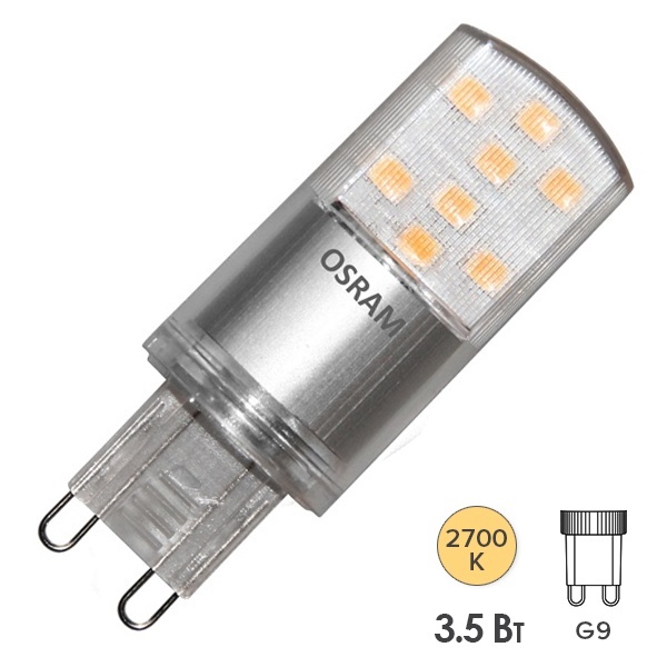 Лампа светодиодная капсула Osram STPIN38 3,5W/827 2700K 220V G9 400lm d20x57mm теплый свет