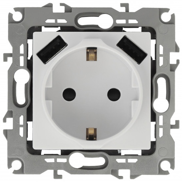 Розетка ЭРА 2P+E 16A 250В со шторками автозажим с 2xUSB тип А 5В 3А Elegance, белый 14-4109-01