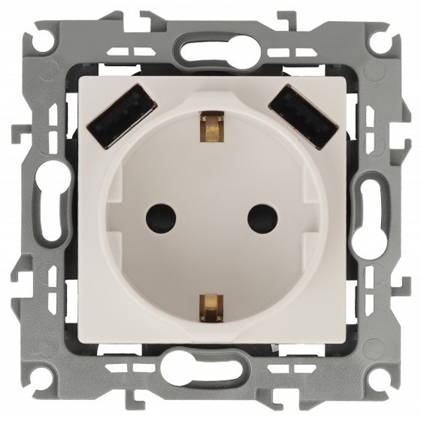 Розетка ЭРА 2P+E 16A 250В со шторками автозажим с 2xUSB 5В 3А Elegance, слоновая кость 14-4109-02 (бежевый)