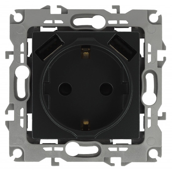 Розетка ЭРА 2P+E 16A 250В со шторками автозажим с 2xUSB 5В 3А Elegance, антрацит 14-4109-05