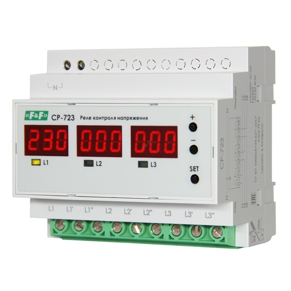 Реле контроля напряжения, асимметрии/чередования фаз Евроавтоматика СР-723, 3х63А, 3NO УХЛ-4
