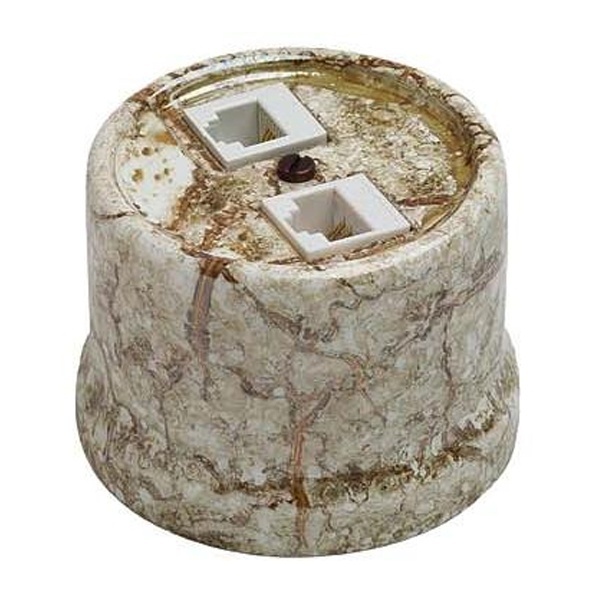 Накладная розетка компьютерная RJ45 CAT.5е двойная Bironi Фаберже мрамор золото (с рамкой Винтаж)