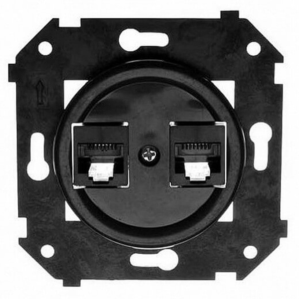 Механизм с накладкой розетки 2хRJ45 кат.5е Bironi Шедель с шурупом, пластик черный