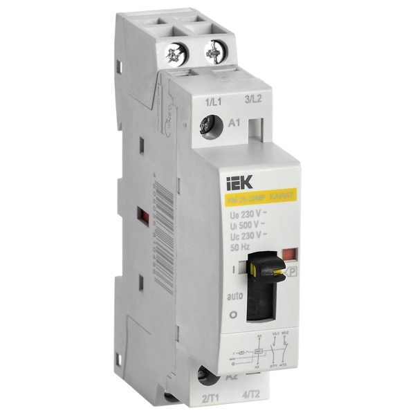 Контактор модульный с ручным управлением ИЭК КМ20-20МР 20А 2 полюса 2НО 230В AC 1 модуль