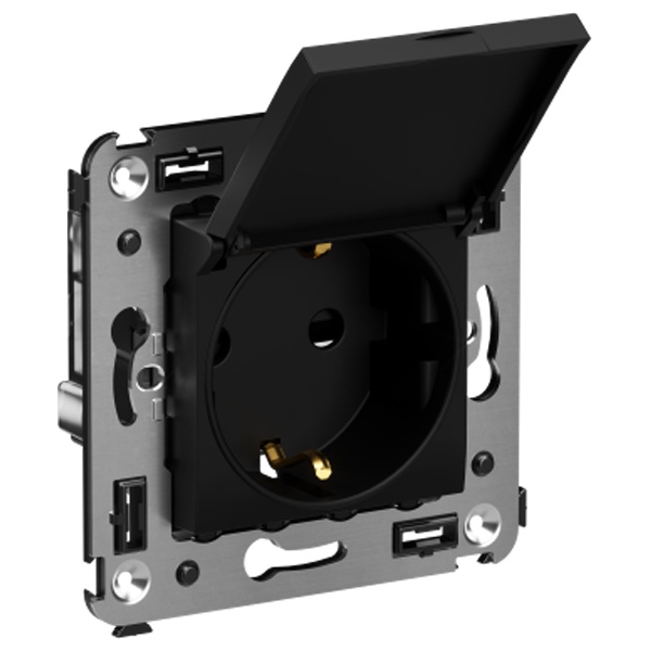 Розетка с крышкой в стену DKC Avanti 2P+E со шторками черный матовый