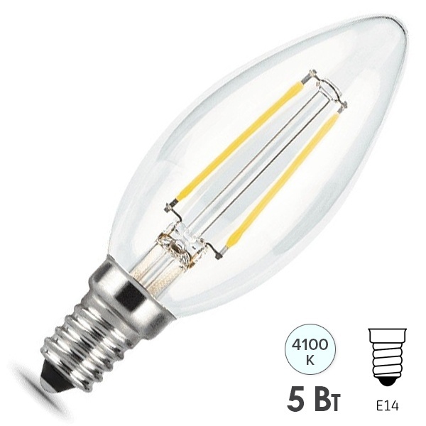 Лампа филаментная светодиодная свеча Gauss LED 5W 4100K E14 450lm dimmable