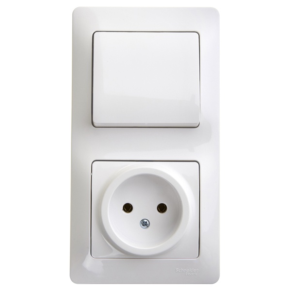 Блок SE Glossa: одноклавишный выключатель 10A + розетка без заземления 16A в сборе,