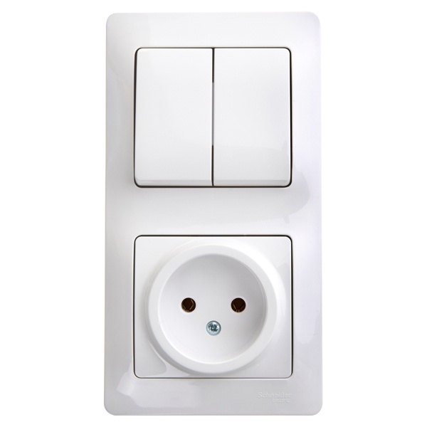 Блок SE Glossa: двухклавишный выключатель 10A + розетка без заземления 16A в сборе,