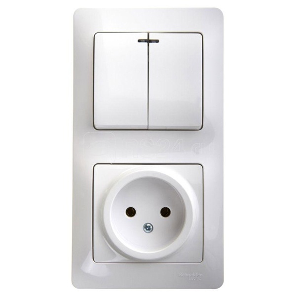 Блок SE Glossa: 2-х выключатель с подсветкой 10A + розетка без заземления 16A в сборе