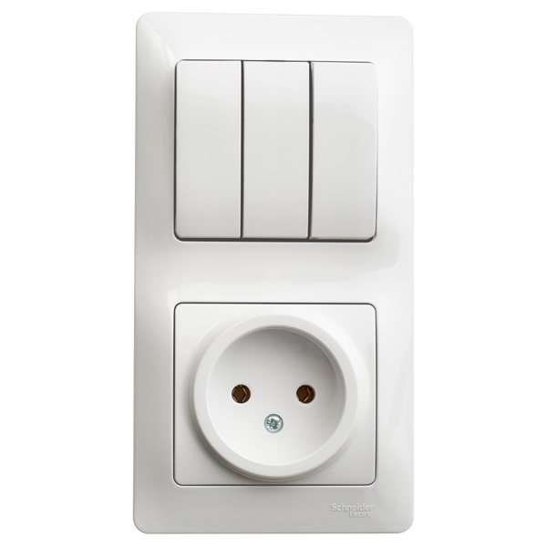 Блок SE Glossa: трехклавишный выключатель 10A + розетка без заземления 16A в сборе,