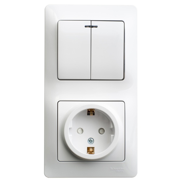 Блок SE Glossa: 2-х выключатель с подсветкой 10A + розетка с заземлением 16A в сборе
