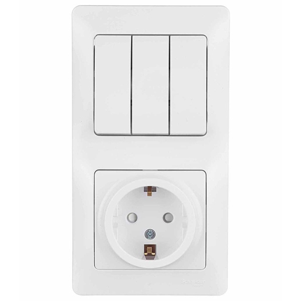 Блок SE Glossa: трехклавишный выключатель 10A + розетка с заземлением 16A в сборе, б