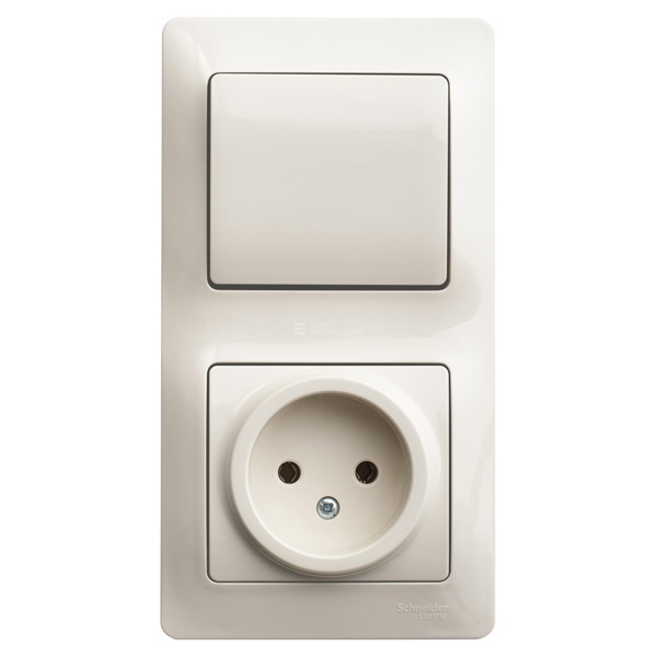 Блок SE Glossa: одноклавишный выключатель 10A + розетка без заземления 16A в сборе,