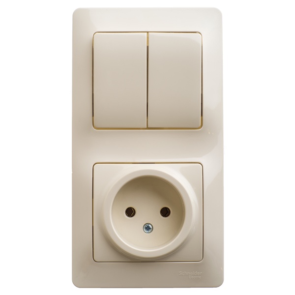 Блок SE Glossa: двухклавишный выключатель 10A + розетка без заземления 16A в сборе,