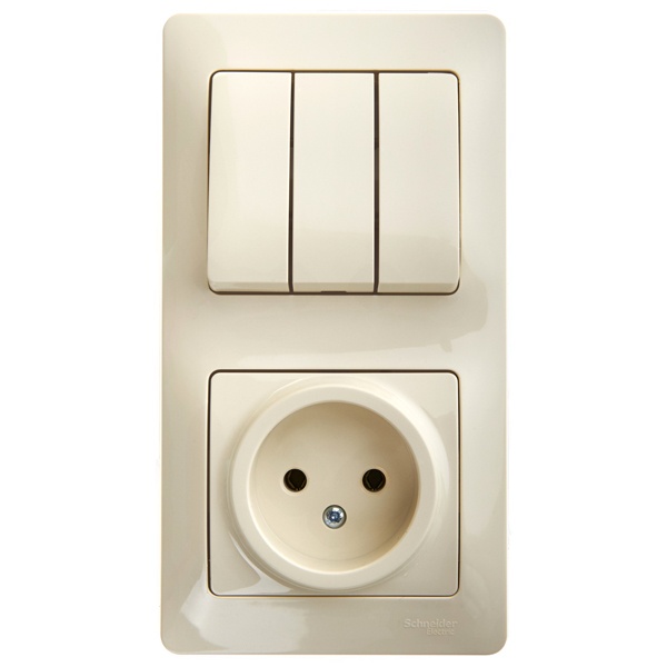 Блок SE Glossa: трехклавишный выключатель 10A + розетка без заземления 16A в сборе,