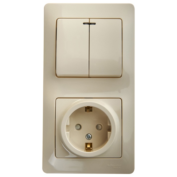 Блок SE Glossa: 2-х выключатель с подсветкой 10A + розетка с заземлением 16A в сборе