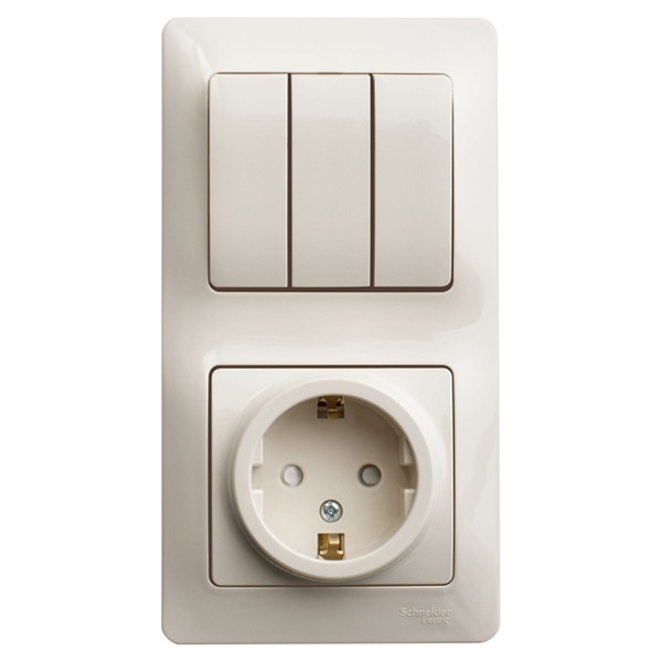 Блок SE Glossa: трехклавишный выключатель 10A + розетка с заземлением 16A в сборе, б