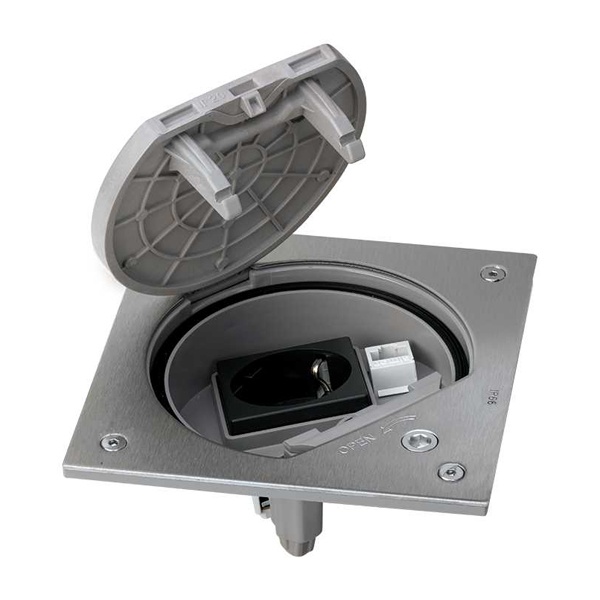 Лючок пылевлагозащищенный Simon IP66 с замком с розеткой К45 2к+з и RJ45 кат.5e UTP сталь