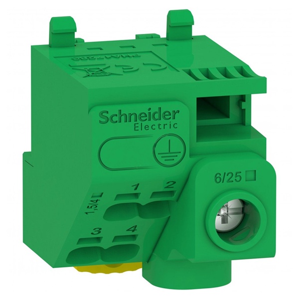 Шина PE SE PRAGMA 1 отверстие 6-25мм2 (винт) и 4 отверстие 1,5-4мм2 (самозажим) до 63А зеленый