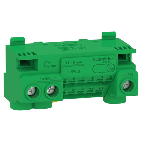 Шина PE SE PRAGMA 3 отверстия 6-25мм2 (винт) и 11 отверстия 1,5-4мм2 (самозажим) до 63А зеленый
