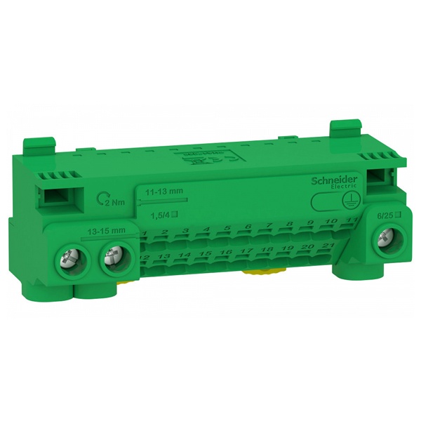 Шина PE SE PRAGMA 3 отверстия 6-25мм2 (винт) и 21 отверстие 1,5-4мм2 (самозажим) до 63А зеленый SE