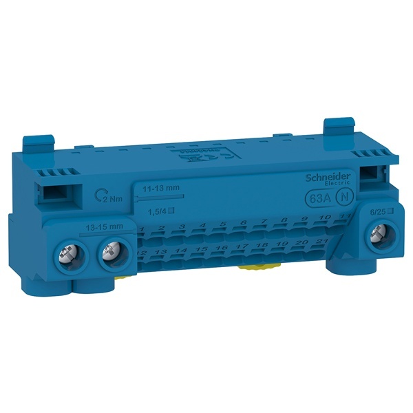 Шина N SE PRAGMA 3 отверстия 6-25мм2 (винт) и 21 отверстие 1,5-4мм2 (самозажим) до 63А синий SE