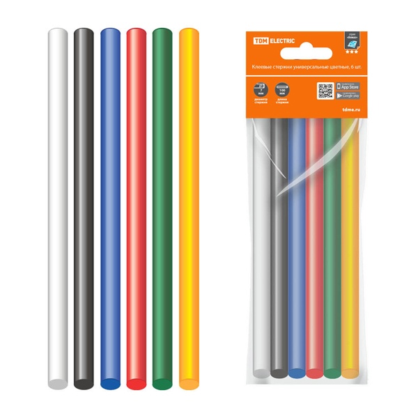 Клеевые стержни TDM Алмаз универсальные цветные, 7 мм x 100 мм, набор 6 шт