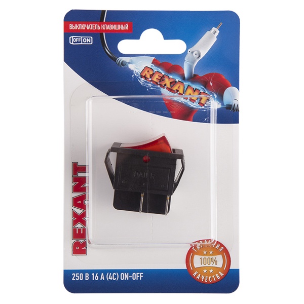 Выключатель клавишный Rexant 250V 16А (4с) ON-OFF красный с подсветкой (блистер)