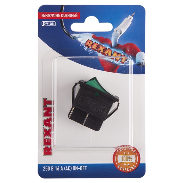 Выключатель клавишный Rexant 250V 16А (4с) ON-OFF зеленый с подсветкой (блистер)