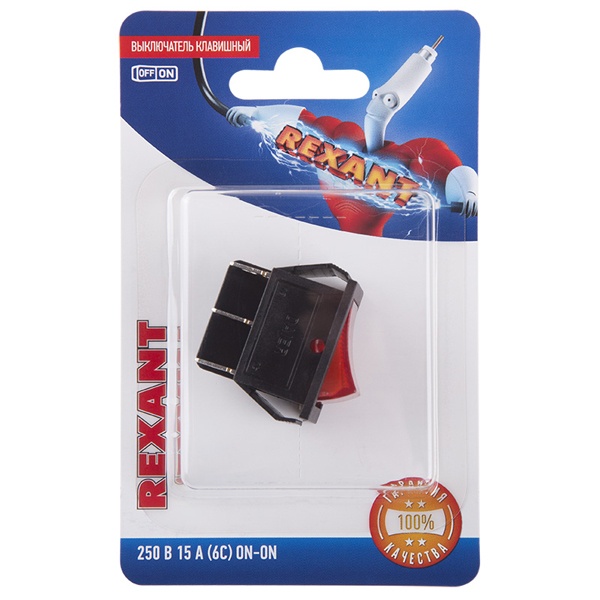 Выключатель клавишный Rexant 250V 15А (6с) ON-ON красный с подсветкой (блистер)