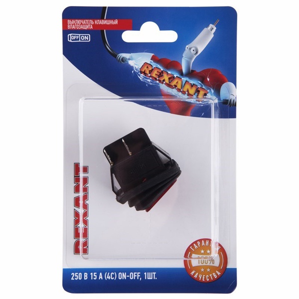 Выключатель клавишный Rexant 250V 15А (4с) ON-OFF красный с подсветкой влагозащита (блистер)