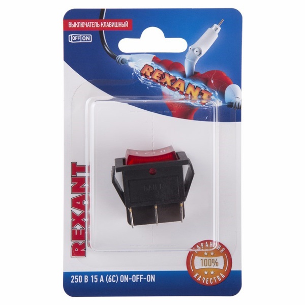 Выключатель клавишный Rexant 250V 15А (6с) ON-OFF-ON красный с подсветкой и нейтралью (блистер)