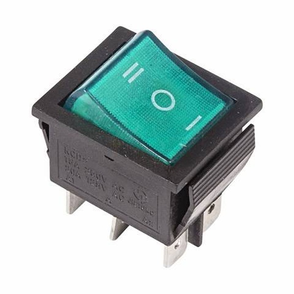 Выключатель клавишный Rexant 250V 15А (6с) ON-OFF-ON зеленый с подсветкой и нейтралью