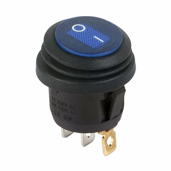 Выключатель клавишный Rexant круглый 250V 6А (3c) ON-OFF синий с подсветкой влагозащита