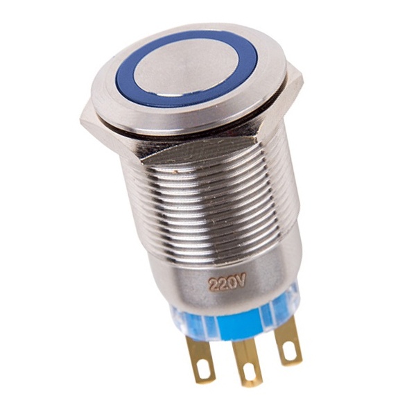 Кнопка антивандальная Rexant d19 250V с фиксацией (5с) ON-OFF/OFF-ON подсв/синяя