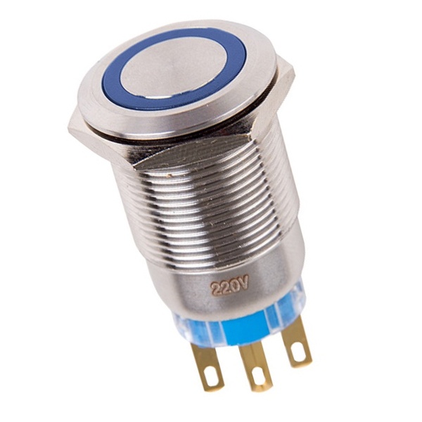 Кнопка антивандальная Rexant d19 12V с фиксацией (5с) ON-OFF/OFF-ON подсв/синяя