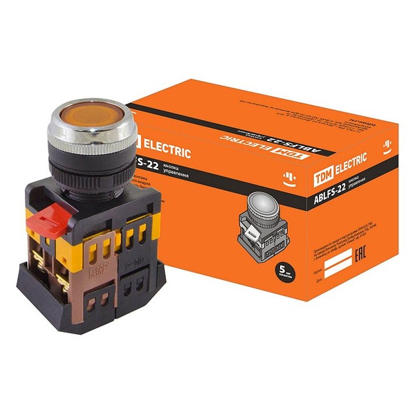 Кнопка TDM ABLFS-22 желтый d22мм неон/230В 1з+1р