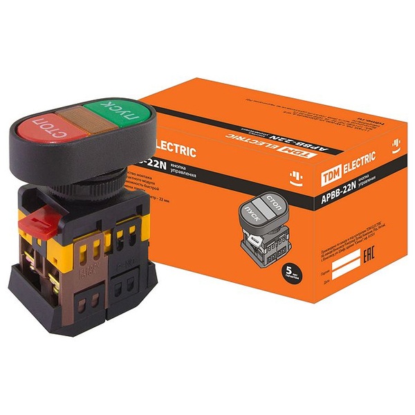 Кнопка TDM APBB-22N Пуск-Стоп d22mm неон/230В 1з+1р