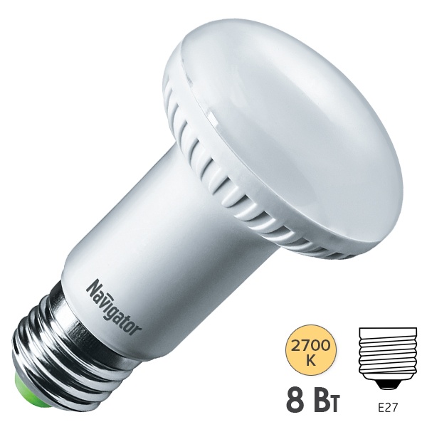 Лампа светодиодная Navigator 94 260 NLL-R63-8-230-2.7K-E27 8W 2700K 230V 600Lm теплый свет