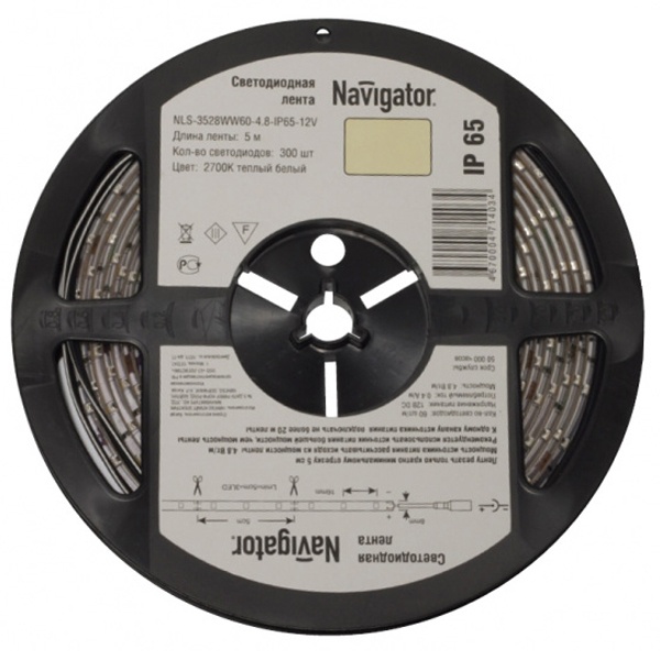 Светодиодная лента Navigator 71 411 NLS-3528WW120-9.6-IP65-12V R5 9,6W 3000K (бухта 5m)